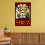 Affiche Faune colorée Pop Lion Art Afrique Voyage<br><div class="desc">Voir l'Afrique est le thème ici, avec le roi des bêtes, un beau portrait de lion royal africain fait dans un style pop art créatif et coloré sur un arrière - plan rouge foncé et le nom du pays en dessous en or toutes les polices casquettes. Il s'agit d'un bonbon...</div>