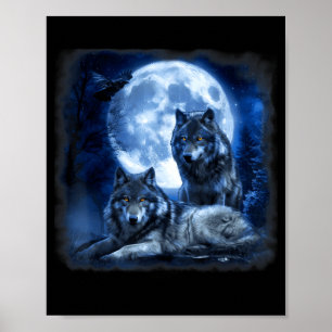 Affiche Faune loup hurle lune forêt nature sauvage