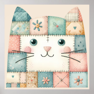 Affiche Fausse Maisonnette Pastel Patchwork Visage de Chat