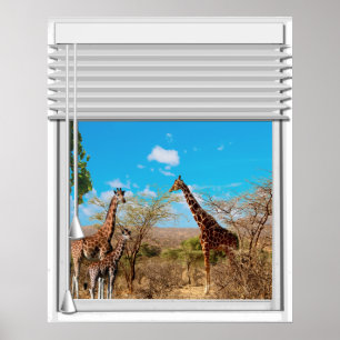 Affiche Fausse vue de fenêtre de girafes