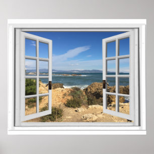 Affiche Fausse vue de fenêtre sur une plage rocheuse océan