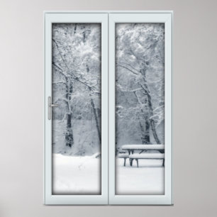 Affiche Faux Faux Fenêtre Illusion - Scène De Neige Fraîch