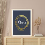 Affiche Faux Gold Abstrait Circle Design avec nom<br><div class="desc">Un design abstrait de cercle griffé en faux or sur un arrière - plan bleu indigo personnalisé avec votre nom en jolies lettres brosses. Cliquez simplement sur personnaliser pour modifier la couleur de l'arrière - plan. Contactez-moi pour toute question ou demande.</div>