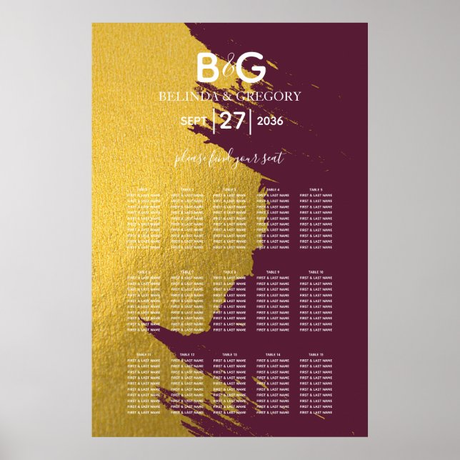 Affiche Faux Gold Burgundy, Monogramme Mariage (Devant)