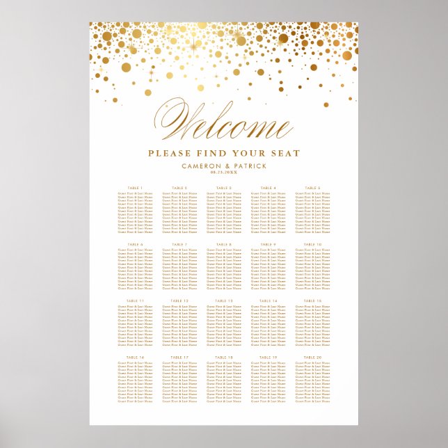 Affiche Faux Gold Foil Confetti Mariage blanc Plan de sièg (Devant)