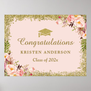 Affiche Faux Gold Glitters Blush Pink Floral Graduation