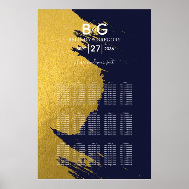 Affiche Faux Gold Marine Blue Monogram Mariage Seing Chart (Devant)