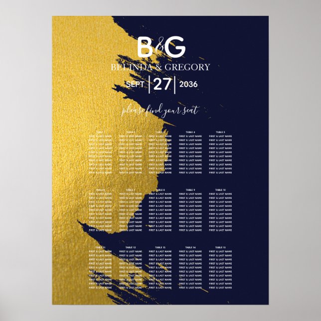Affiche Faux Gold Marine Blue Monogram Mariage Seing Chart (Devant)