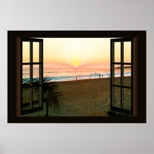 Affiche Faux Window avec Beach Sunset Ocean