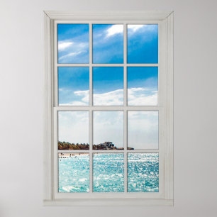 Affiche Faux Window White Wood Window Frame Caribbean View