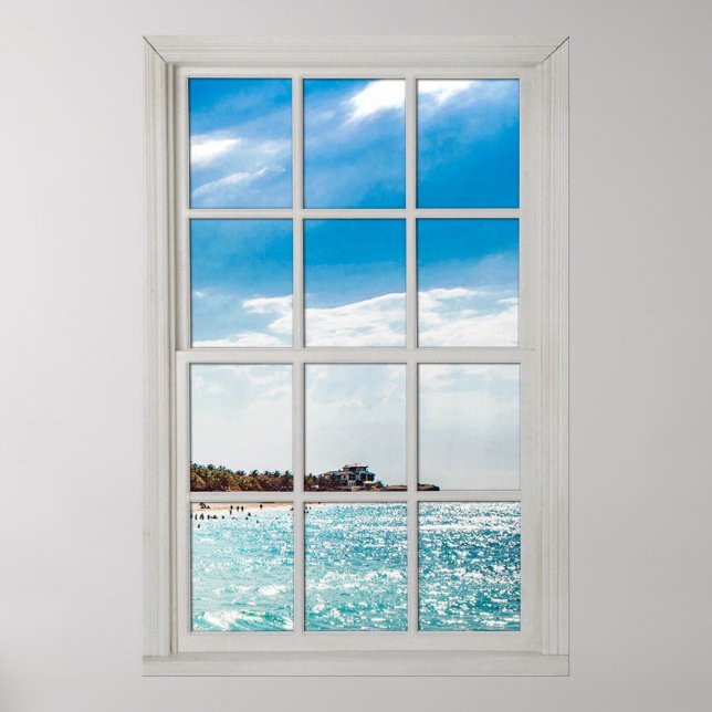 Affiche Faux Window White Wood Window Frame Caribbean View (Devant)