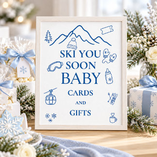 Affiche Faveur de Baby Shower Garçon Bleu d'Hiver Ski You
