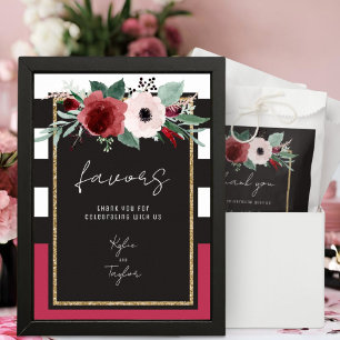 Affiche Faveur de mariage à rayures noires et blanches flo