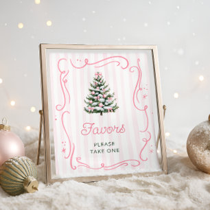Affiche Faveurs de Baby Shower Arbre de Noël à Nœud Rose