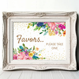 Affiche Faveurs de Baby Shower Rose Jaune Bleu Floral Or