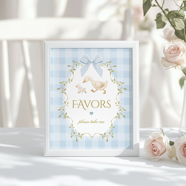 Affiche Faveurs de bébé Silly Goose en Gingham Bleu Sage (Créateur téléchargé)