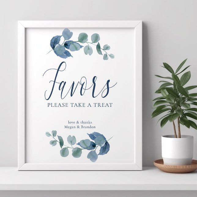 Affiche Faveurs de feuillage simple à l'aquarelle Eucalypt (Favors Poster from the Dusty Eucalpytus wedding collection by Darling & May)