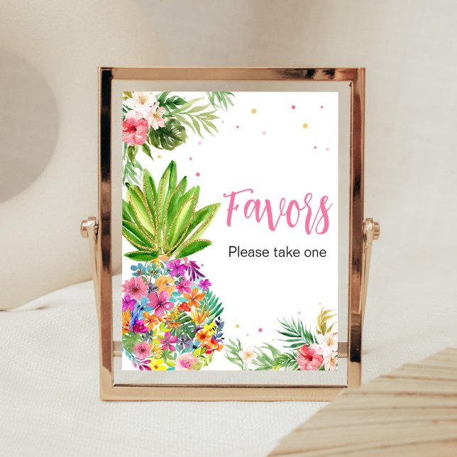 Affiche Faveurs de l'ananas floral tropical (Aloha Pineapple Baby Shower Favors Sign)