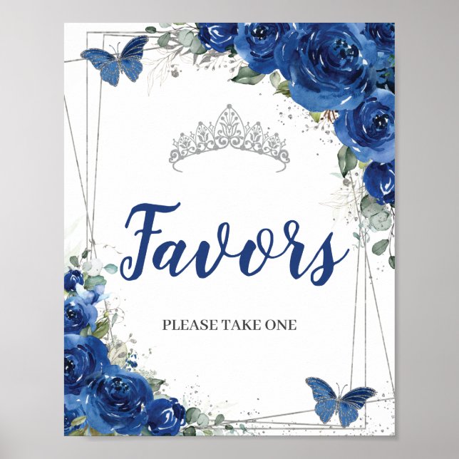 Affiche Faveurs de Quinceañera Papillons Floraux Bleu Roya (Devant)