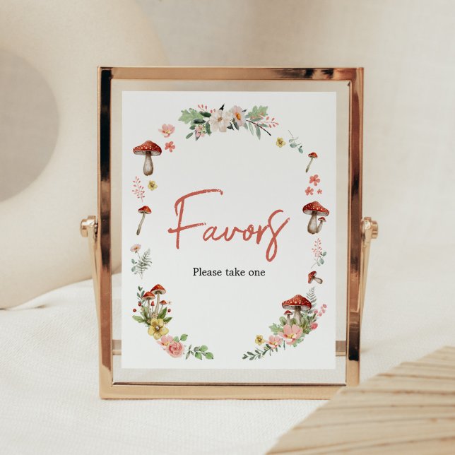 Affiche Faveurs du Baby shower de champignons Fleurs sauva (Enchanted Mushroom Baby Shower Favors Sign)