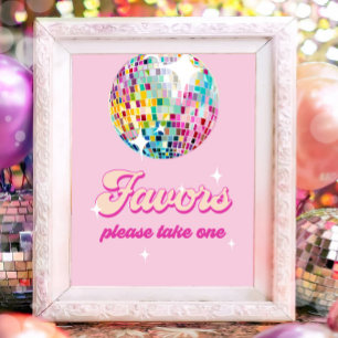 Affiche Favorise Boule à Facettes Rétro Fille Rose Anniver