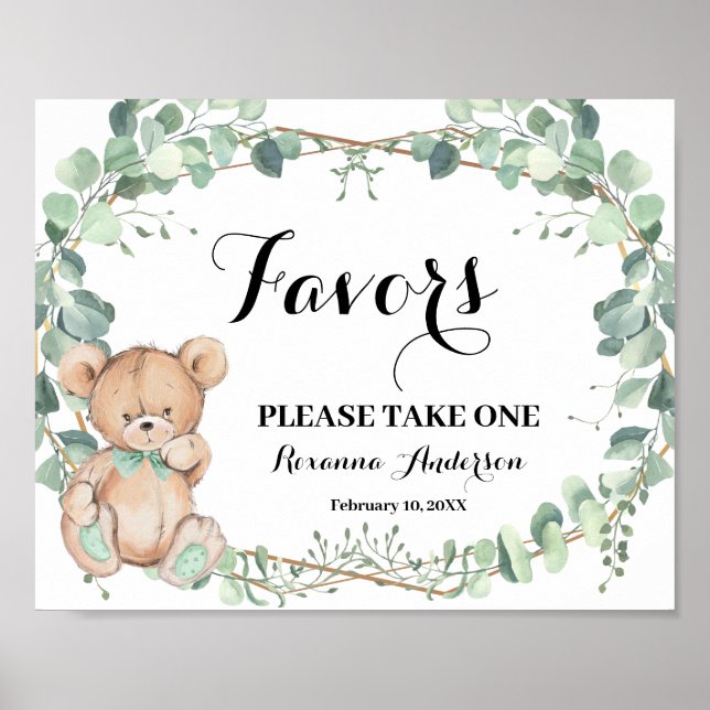 Affiche Favoriser Baby shower Ours Vert Or Signal (Devant)