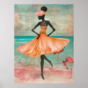 Affiche *~* FD2 Flamant rose rose Femme noire tropicale 28