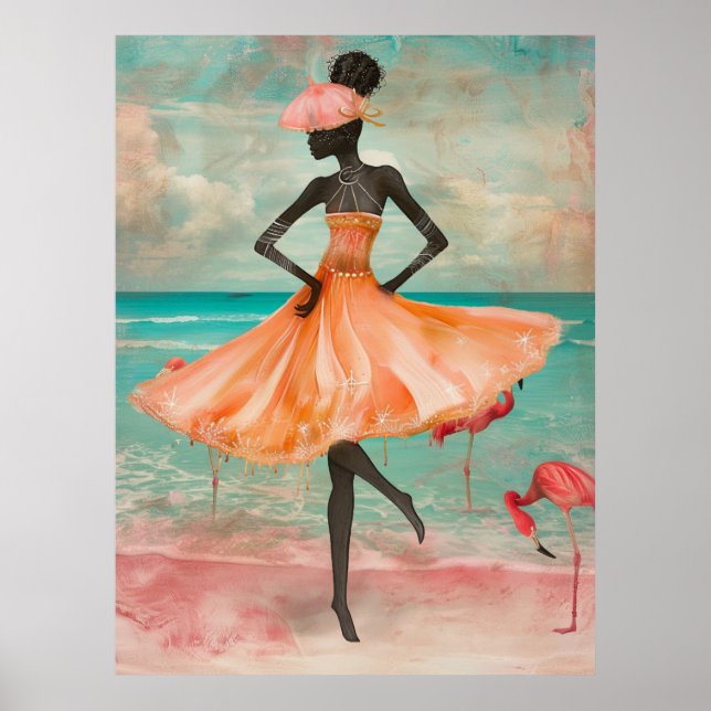 Affiche *~* FD2 Flamant rose rose Femme noire tropicale 28 (Devant)