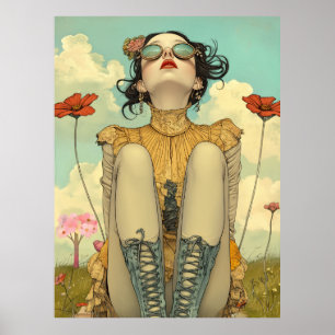 Affiche FD2 Rétro Fantaisiste Fille Art Vintage Floral 26