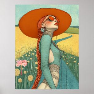 Affiche FD2 Rétro Fille Art Fantaisiste Vintage Floral 33