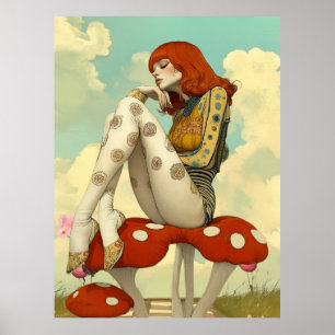Affiche FD2 Rétro Fille Artistique Fantaisiste Floral Vint