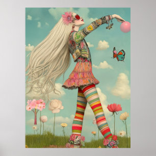 Affiche FD2 Rétro Fille Artistique Fantaisiste Floral Vint