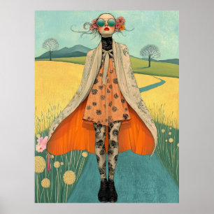 Affiche FD2 Rétro Fille Fantaisiste Art Vintage Floral 16