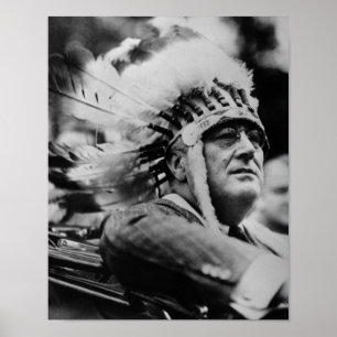 Affiche FDR Wearing Native American War Bonnet - 1932