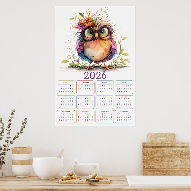 Affiche Feathers & Flowers: 2026 Owl Calendar (Cuisine)