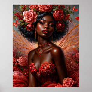 Affiche Fée à la peau foncée avec des roses rouges