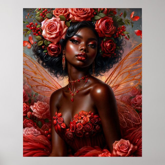 Affiche Fée à la peau foncée avec des roses rouges (Devant)