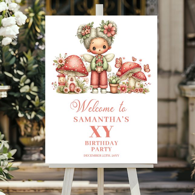 Affiche Fée Capricieuse 4ème Anniversaire Fleurs Roses de  (Whimsy Fairy 4th Birthday Blush Flowers Welcome Poster)