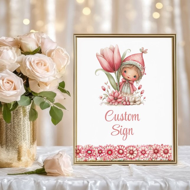 Affiche Fée Capricieuse Fille Rougeur Floral Anniversaire  (Whimsy Fairy Girl Blush Floral Birthday Custom Sign

)