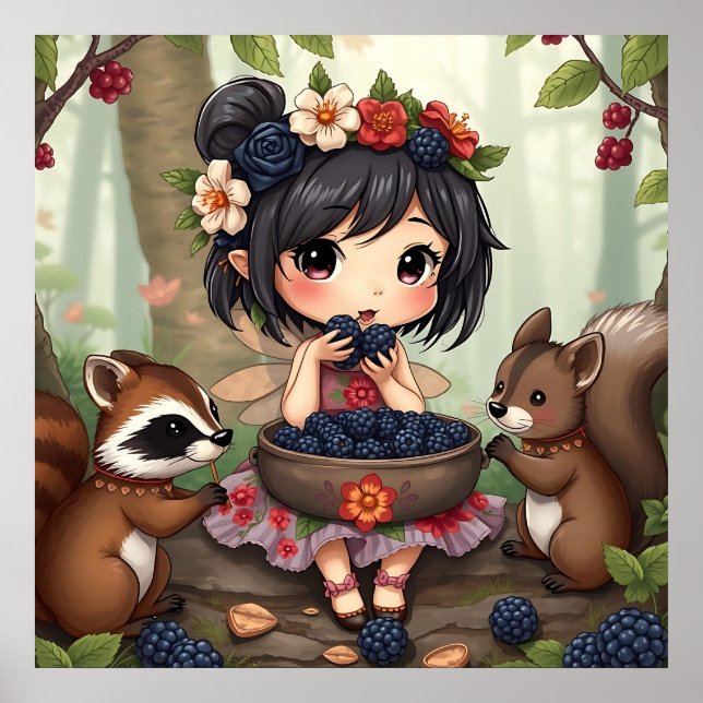 Affiche Fée Chibi mangeant des mûres avec des amis de la f (Devant)