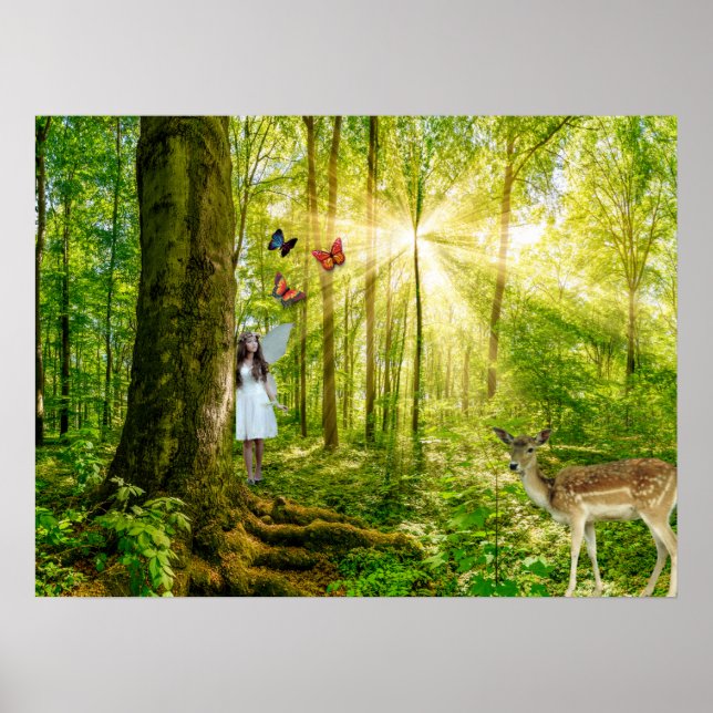 Affiche Fée dans la forêt magique avec Bambi et papillon (Devant)