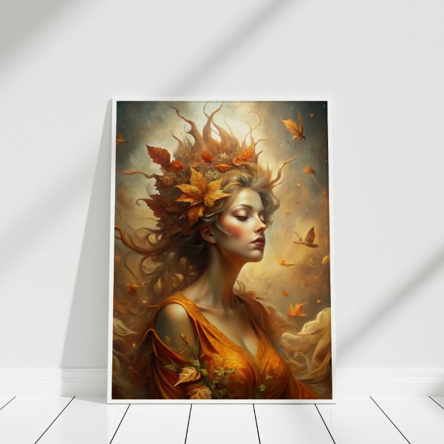 Affiche Fée de forêt d'automne - Mystic Fall Wall Art (Autumn Forest Fairy – Mystical Fall Wall Art in a white wooden frame)