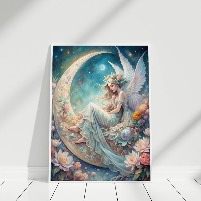 Affiche Fée de la fleur de lune (Moonlight Blossom Fairy Poster in a white wooden frame)