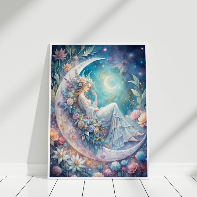 Affiche Fée de la fleur de lune (Moonlight Blossom Fairy Poster in a white frame)