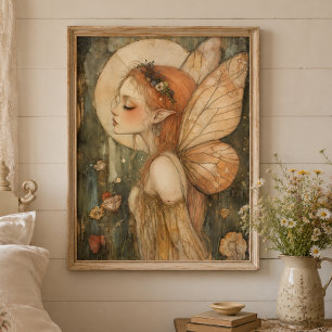 Affiche Fée de la Forêt Vintage avec Couronne de Fleurs Ar