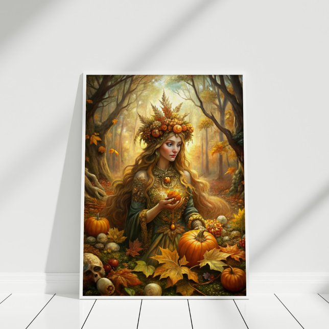 Affiche Fée de sorcière citrouille - Halloween Enchantée (Pumpkin Witch Fairy – Enchanted Halloween Wall Art in a white wooden frame)