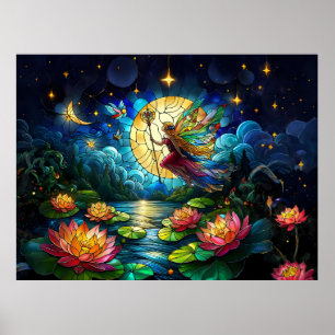 Affiche Fée de vol au clair de lune en verre coloré 