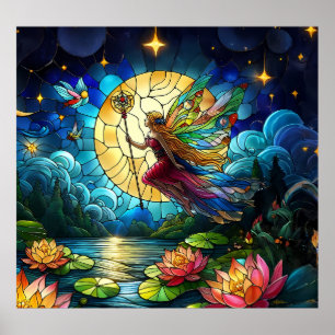 Affiche Fée de vol au clair de lune en vitrail 