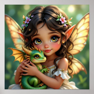 Affiche Fée elfe aux yeux marrons et dragon
