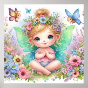 Affiche Fée et fleurs au pays des fées pastel aquarelle
